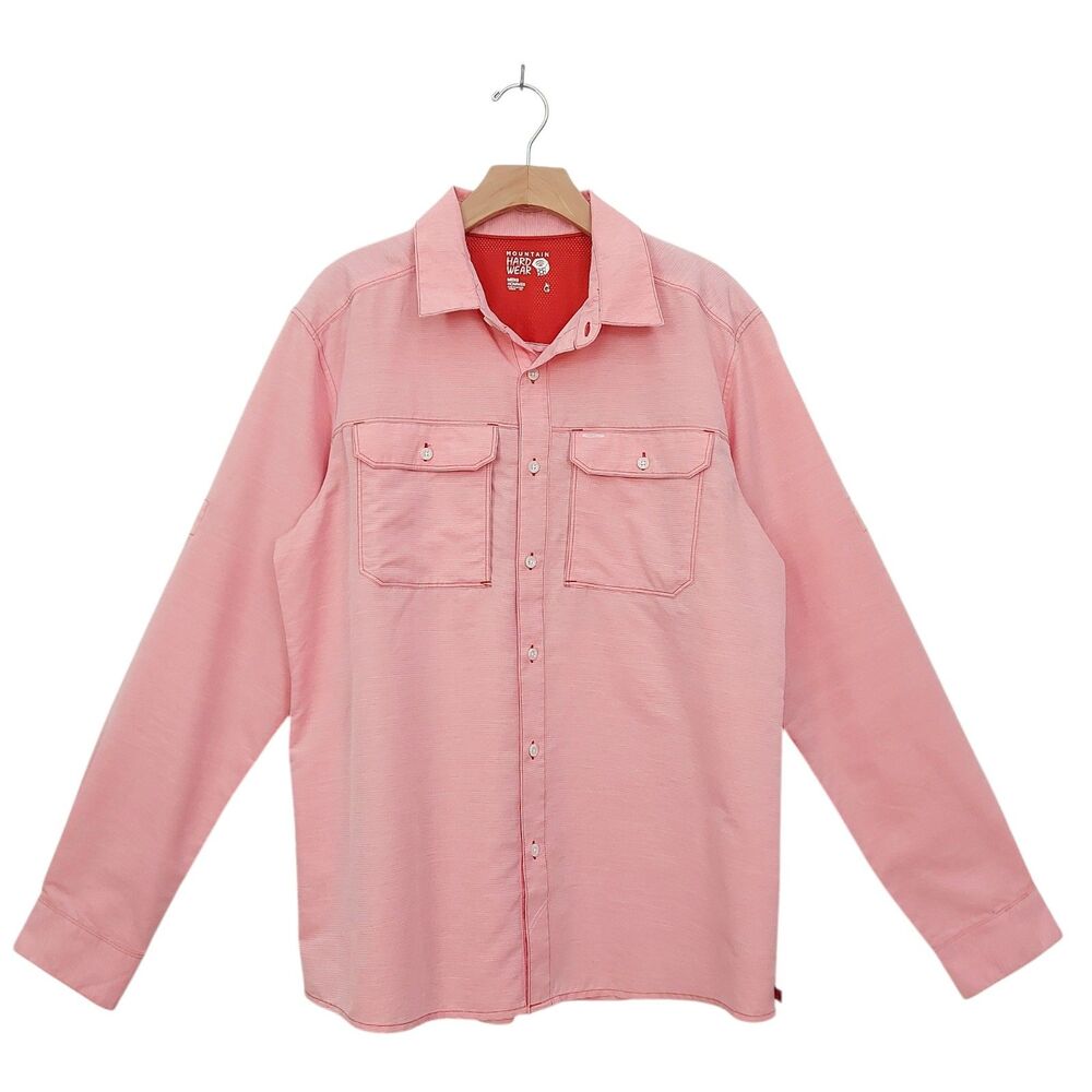 Mountain Hardwear Shirt Mens Large Pink Roll Tab Sleeve Vented Hiking Outdoor